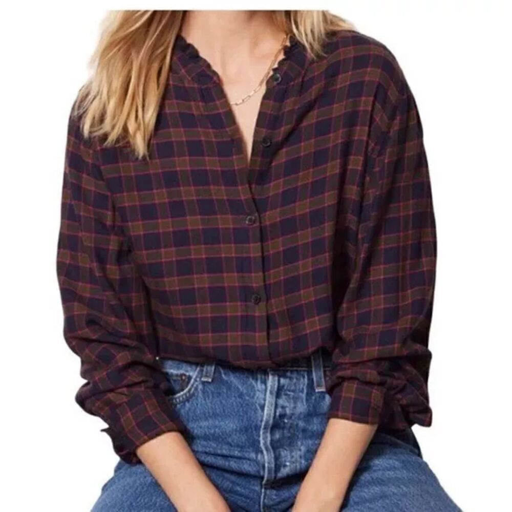 Rails "Andie" Navy Blue Purple Plaid Band Collar Button Down Blouse size Large